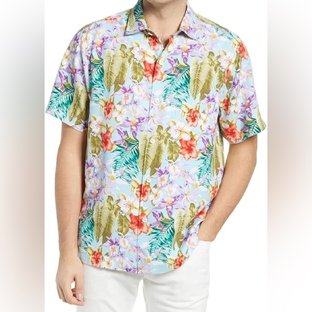 (P) Tommy Bahama Tropical Floral Men's Shirt
 100% Silk, Size L, New